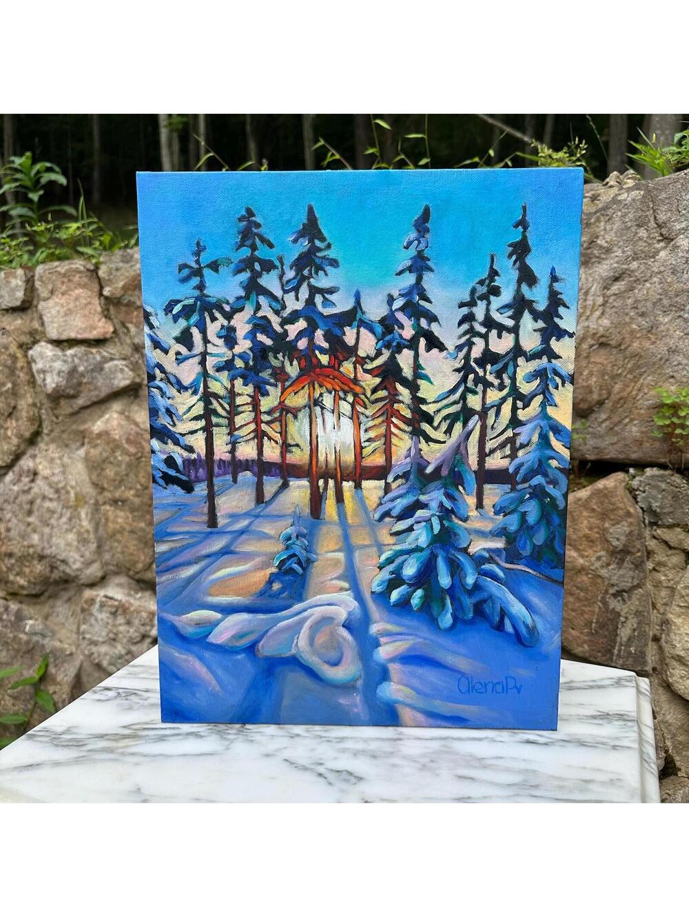 Original 12x16 Acrylic Painting, Winter Forest Sunset, Canvas  Impressionist